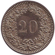 Монета 20 раппенов. 1985 год, Швейцария. Монета 20 раппенов. 1985 год, Швейцария.