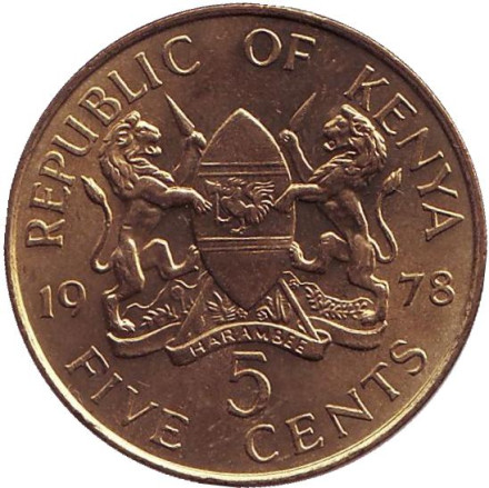 Монета 5 центов. 1978 год, Кения. (бюст влево). XF-аUNC.