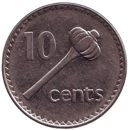 Монета 10 центов. 1997 год, Фиджи. Метательная дубинка - ула тава тава.