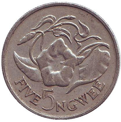 Монета 5 нгве. 1968 год, Замбия. Цветок "Дневная красавица".