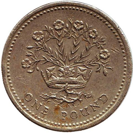 Монета 1 фунт. 1986 год, Великобритания. Растение льна и королевская диадема.