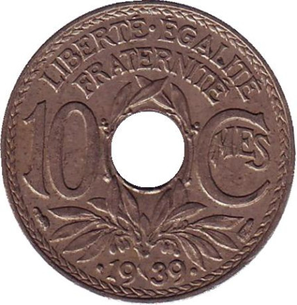 Монета 10 сантимов. 1939 год, Франция.