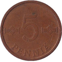 Монета 5 пенни. 1970 год, Финляндия.
