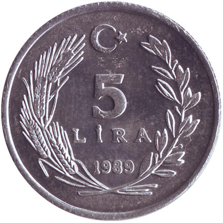 Монета 5 лир. 1989 год, Турция. Редкая!