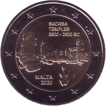 Монета 2 евро. 2020 год, Мальта. Храмовый комплекс Скорба. Доисторические места Мальты.