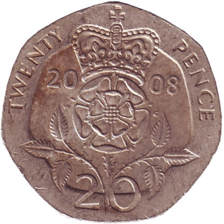 Монета 20 пенсов. 2008 год, Великобритания. (Старый тип).