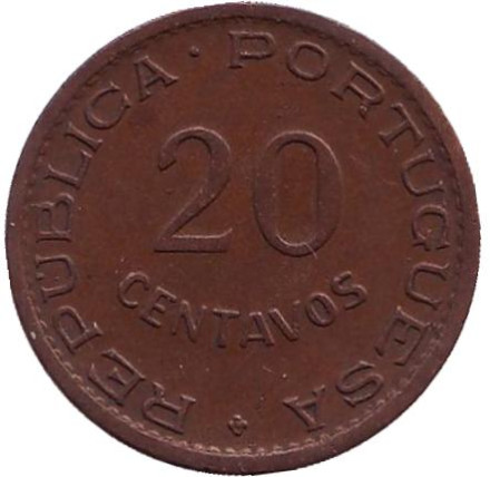 Монета 20 сентаво. 1950 год, Мозамбик в составе Португалии.