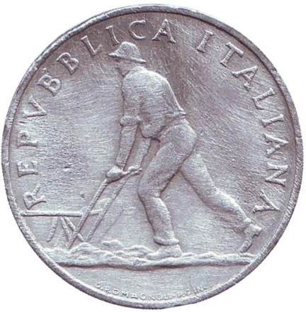 Монета 2 лиры. 1948 год, Италия. Из обращения.