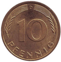 Дубовые листья. Монета 10 пфеннигов. 1992 год (D), ФРГ.