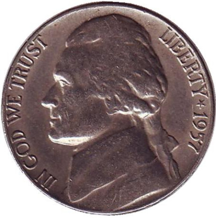 Монета 5 центов. 1957 год, США. Джефферсон. Монтичелло.