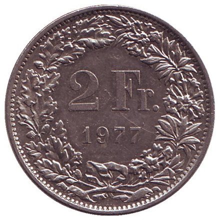 Монета 2 франка. 1977 год, Швейцария. Гельвеция.