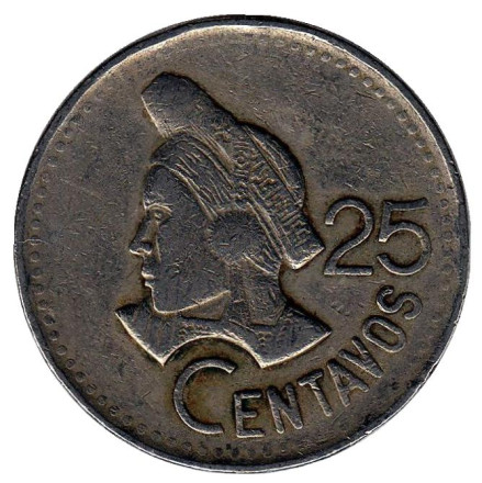 Монета 25 сентаво. 1990 год, Гватемала. Индианка.