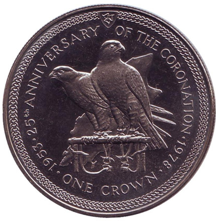 Монета 1 крона. 1978 год, Остров Мэн. 25 лет коронации Королевы Елизаветы II. Соколы.