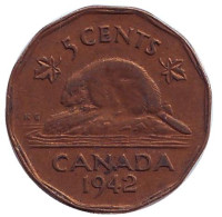 Бобр. Монета 5 центов. 1942 год, Канада.