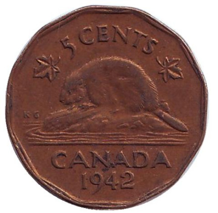 Монета 5 центов. 1942 год, Канада. Бобр.