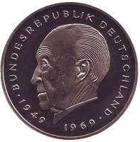 Конрад Аденауэр. Монета 2 марки. 1982 год (J), ФРГ. UNC.