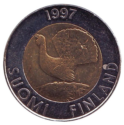Монета 10 марок. 1997 год, Финляндия. UNC. Глухарь.