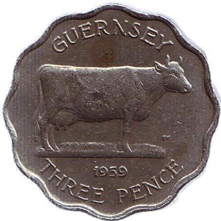 Монета 3 пенса. 1959 год, Гернси. Корова.