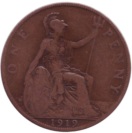 Монета 1 пенни. 1919 год, Великобритания. (Без отметки монетного двора)