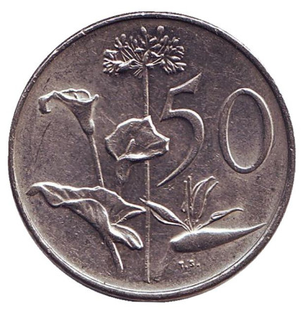 Монета 50 центов. 1971 год, ЮАР. Из обращения. Цветы.