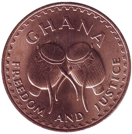 Монета 1 песева. 1967 год, Гана. UNC. Африканские барабаны.