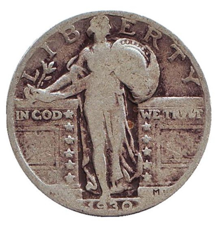 Монета 25 центов. 1930 год, США. (Без отметки монетного двора)