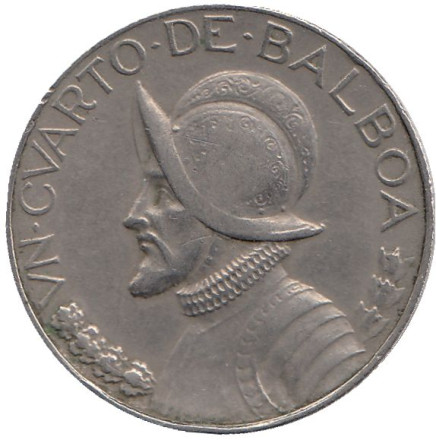 Монета 1/4 бальбоа. 1966 год, Панама. Васко Нуньес де Бальбоа.