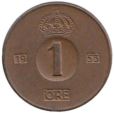 Монета 1 эре. 1953 год, Швеция.(TS)
