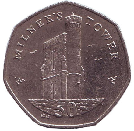 Монета 50 пенсов. 2008 год, Остров Мэн. Башня Милнера.