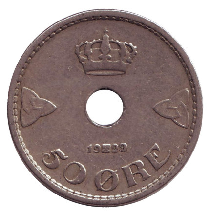 Монета 50 эре. 1929 год, Норвегия. Редкая.