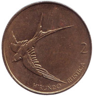 Монета 2 толара. 2001 год, Словения. Деревенская ласточка. Монета 2 толара. 2001 год, Словения. Деревенская ласточка.