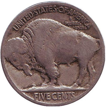 Монета 5 центов. 1917 год, США. Бизон. Индеец.