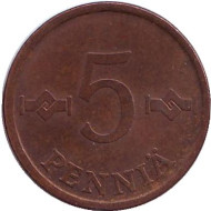 Монета 5 пенни. 1971 год, Финляндия. Монета 5 пенни. 1971 год, Финляндия.