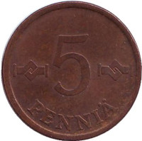 Монета 5 пенни. 1971 год, Финляндия.