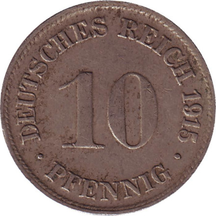 Монета 10 пфеннигов. 1915 год (D), Германская империя.