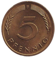 Дубовые листья. Монета 5 пфеннигов. 1978 год (F), ФРГ.