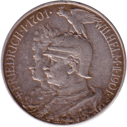 Монета 2 марки. 1901 год, Пруссия. 200-летие королевства Пруссия (1701-1901).