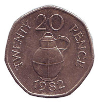Бидон для молока. Монета 20 пенсов. 1982 год, Гернси.