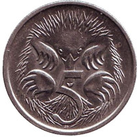 Ехидна. Монета 5 центов. 1990 год, Австралия.