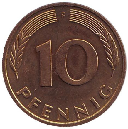 Монета 10 пфеннигов. 1992 год (F), ФРГ. Дубовые листья.