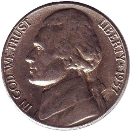 Монета 5 центов. 1957 год (D), США. Джефферсон. Монтичелло.