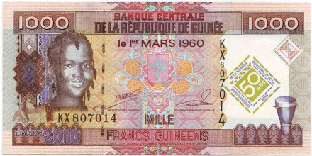Банкнота 1000 франков. 2010 год, Гвинея.