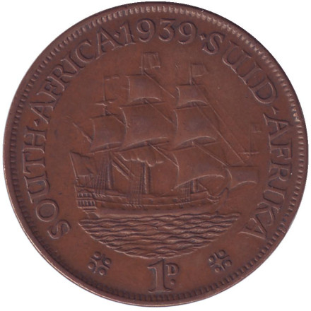 Монета 1 пенни. 1939 год, Южная Африка. Корабль "Дромедарис".