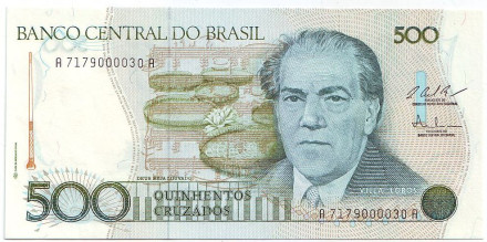 Банкнота 500 крузадо. 1986-1988 гг., Бразилия. Тип 3. 100 лет со дня рождения Эйтора Вилла-Лобоса.