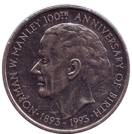 Монета 5 долларов. 1993 год, Ямайка. 100 лет со дня рождения Нормана Вашингтона Мэнли.