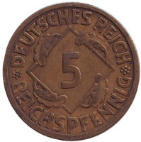 Монета 5 рейхспфеннигов. 1925 год (J), Веймарская республика.