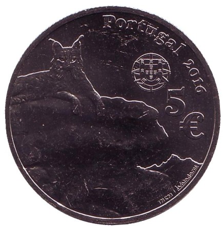 Монета 5 евро. 2016 год, Португалия. Пиренейская рысь. Серия "Исчезающие виды". Монета 5 евро. 2016 год, Португалия. Пиренейская рысь. Серия "Исчезающие виды".