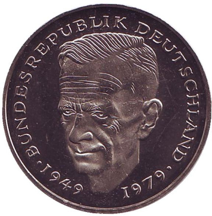 Монета 2 марки. 1982 год (J), ФРГ. UNC. Курт Шумахер.