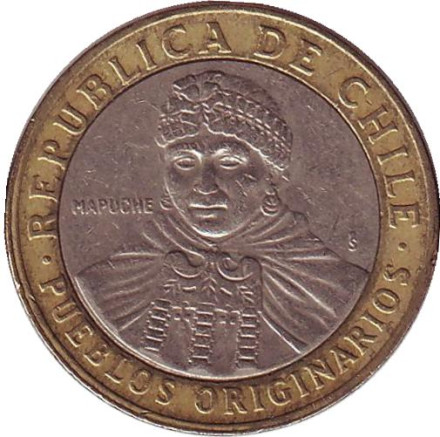 Монета 100 песо. 2009 год, Чили. Индеец Мапуче.
