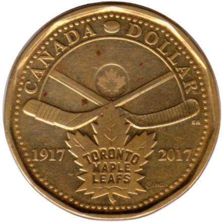 Монета 1 доллар. 2017 год, Канада. 100 лет хоккейному клубу "Торонто Мейпл Лифс". (Toronto Maple Leafs). Из обращения.